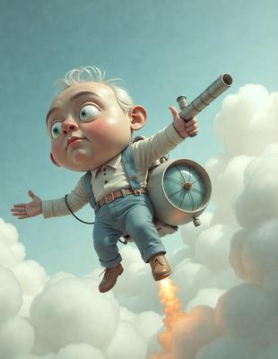 The primary subject of the image is a cartoon character, specifically a baby with a beard, who is flying through the air. The setting is a cloudy sky, and the visual style is a digital art or illustration. The colors and mood of the image are predominantly white and light blue, giving it a whimsical and playful atmosphere.